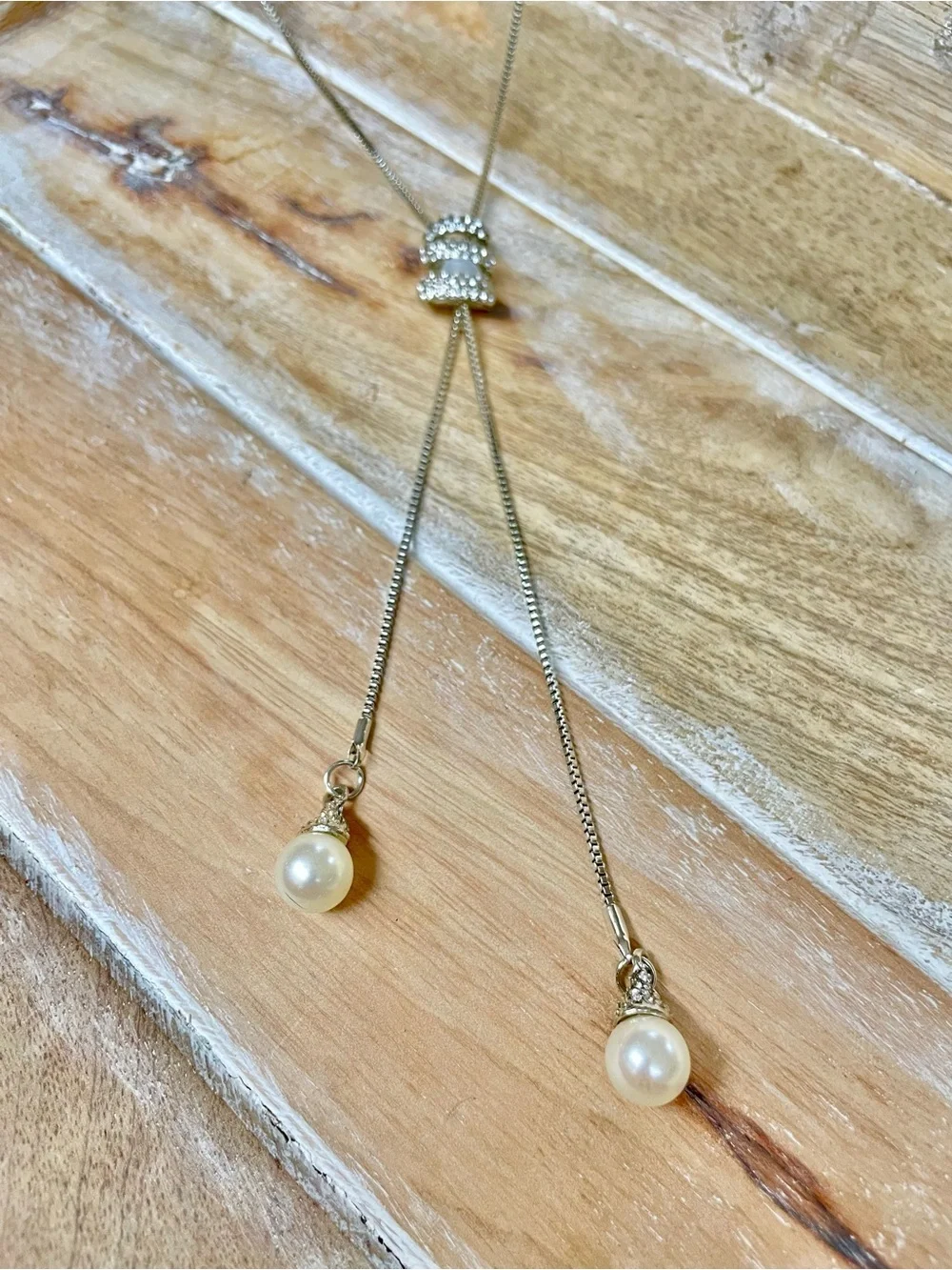 Silver Pearl Lariat Necklace with Sliding Crystal Accent